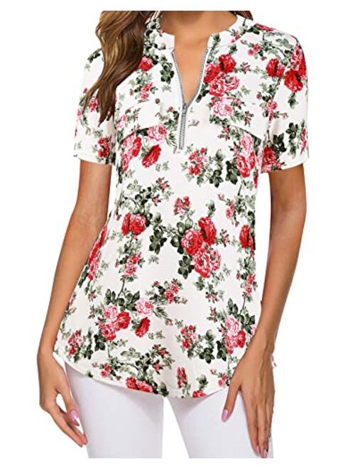 LuckyMore Women's Short Sleeve Zip Flowy Tunic Tops Business Casual Work Office Blouses Shirts