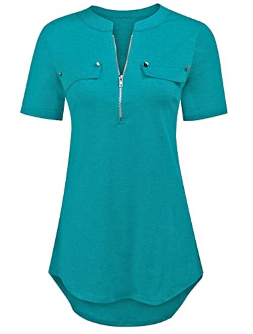 LuckyMore Women's Short Sleeve Zip Flowy Tunic Tops Business Casual Work Office Blouses Shirts