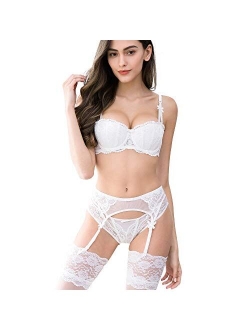 Women Push Up Bras Set Lace Lingerie Bra and Panties and Garter and Stocking 4pcs