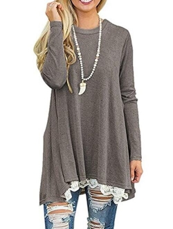 Rdfmy Women's Lace Long Sleeve Tops Casual Round Neck Top Blouses