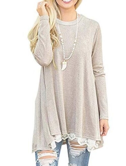 Rdfmy Women's Lace Long Sleeve Tops Casual Round Neck Top Blouses