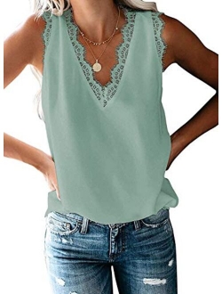 HARHAY Women's V Neck LaceTrim Casual Tank Tops Sleeveless Blouses Shirts