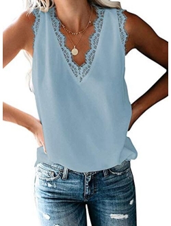 HARHAY Women's V Neck LaceTrim Casual Tank Tops Sleeveless Blouses Shirts