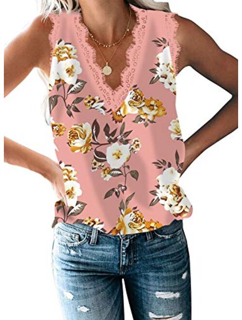 HARHAY Women's V Neck LaceTrim Casual Tank Tops Sleeveless Blouses Shirts