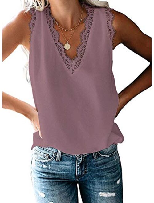 HARHAY Women's V Neck LaceTrim Casual Tank Tops Sleeveless Blouses Shirts