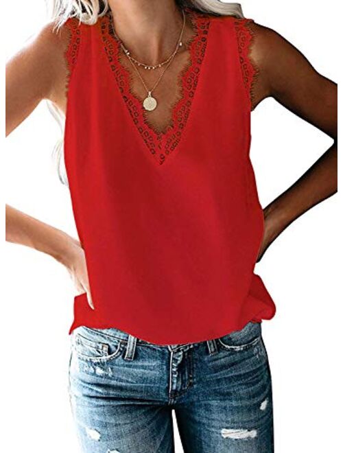 HARHAY Women's V Neck LaceTrim Casual Tank Tops Sleeveless Blouses Shirts