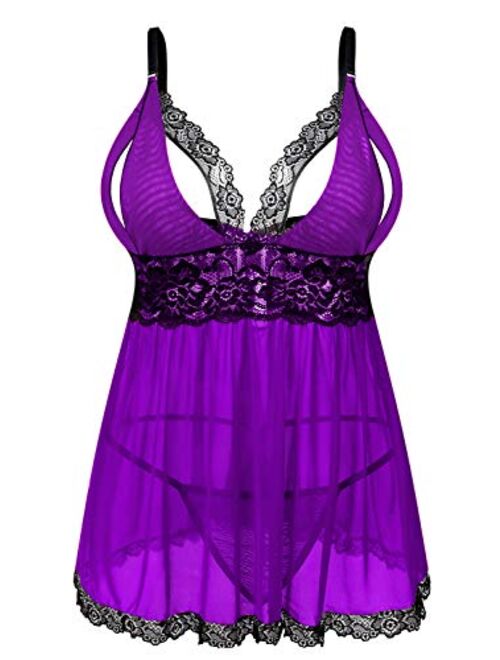 Donnalla Women's Sexy Plus Size Lingerie - Split Cup Lace Babydoll Sleepwear Chemise Set 2XL,3XL,4XL