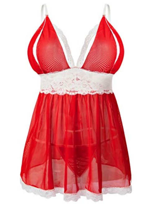 Donnalla Women's Sexy Plus Size Lingerie - Split Cup Lace Babydoll Sleepwear Chemise Set 2XL,3XL,4XL