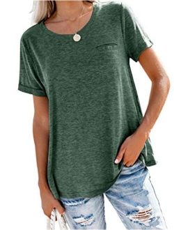 Bingerlily Women's Roll Up Short Sleeve T Shirts Summer Crew Neck Tops Loose Causal Tees with Pocket