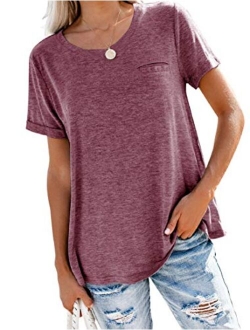 Bingerlily Women's Roll Up Short Sleeve T Shirts Summer Crew Neck Tops Loose Causal Tees with Pocket