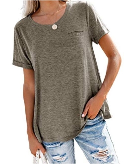 Bingerlily Women's Roll Up Short Sleeve T Shirts Summer Crew Neck Tops Loose Causal Tees with Pocket