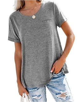 Bingerlily Women's Roll Up Short Sleeve T Shirts Summer Crew Neck Tops Loose Causal Tees with Pocket