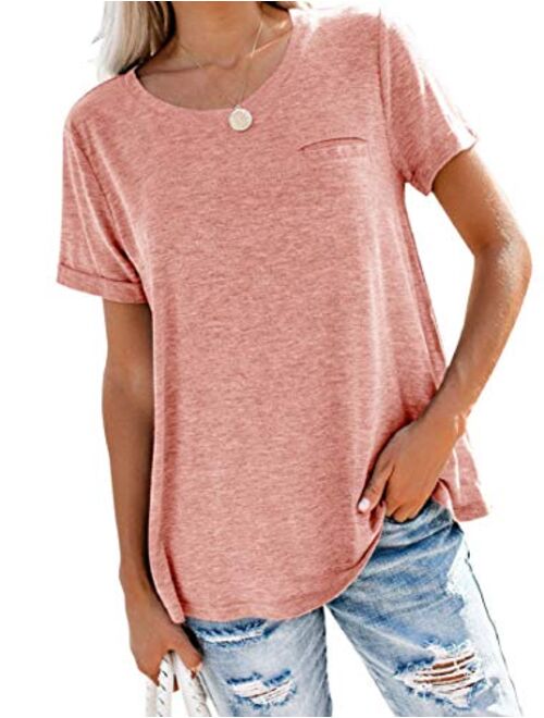 Bingerlily Women's Roll Up Short Sleeve T Shirts Summer Crew Neck Tops Loose Causal Tees with Pocket