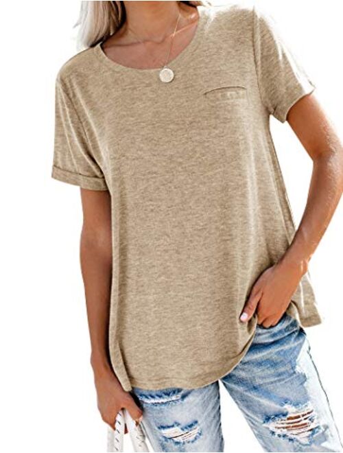 Bingerlily Women's Roll Up Short Sleeve T Shirts Summer Crew Neck Tops Loose Causal Tees with Pocket