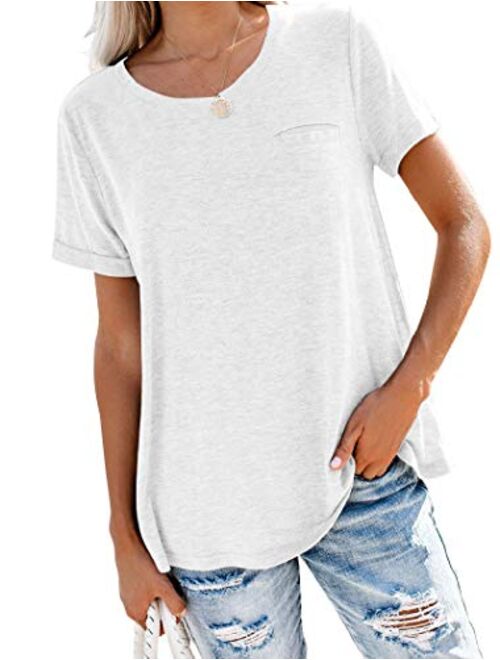 Bingerlily Women's Roll Up Short Sleeve T Shirts Summer Crew Neck Tops Loose Causal Tees with Pocket