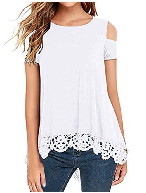 RAGEMALL Women's Tops Long Sleeve Lace Trim O-Neck A-Line Tunic Blouse Tops for Women