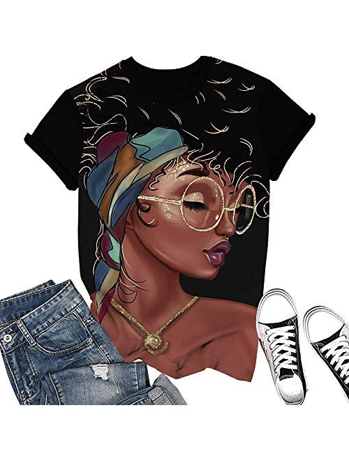 Women's T-Shirts Black Woman Afro Natural Hair 3D Floral Print Casual Tops for Women Tees