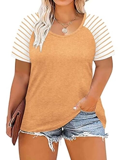 DOLNINE Women's Plus Size Tops Striped Raglan Tee Shirts Casual Tunics Blouses