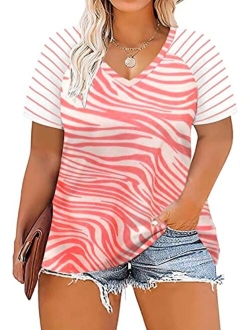 DOLNINE Women's Plus Size Tops Striped Raglan Tee Shirts Casual Tunics Blouses