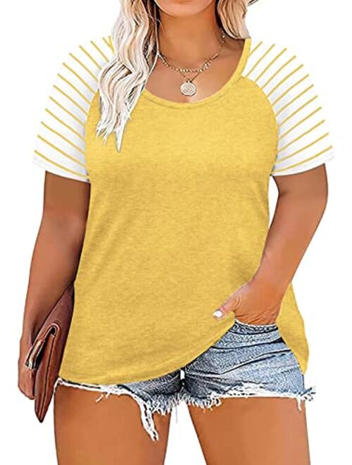 DOLNINE Women's Plus Size Tops Striped Raglan Tee Shirts Casual Tunics Blouses