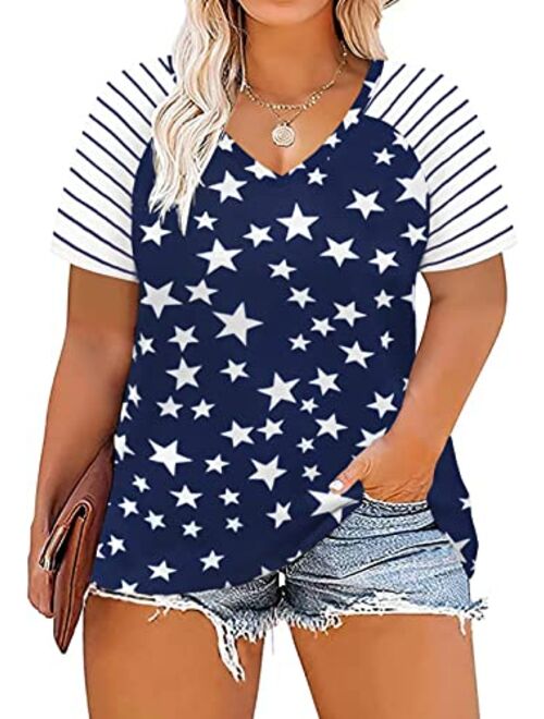 DOLNINE Women's Plus Size Tops Striped Raglan Tee Shirts Casual Tunics Blouses