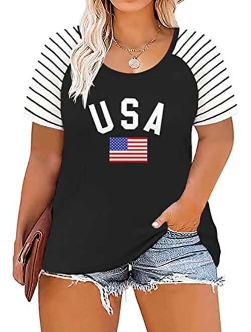 DOLNINE Women's Plus Size Tops Striped Raglan Tee Shirts Casual Tunics Blouses