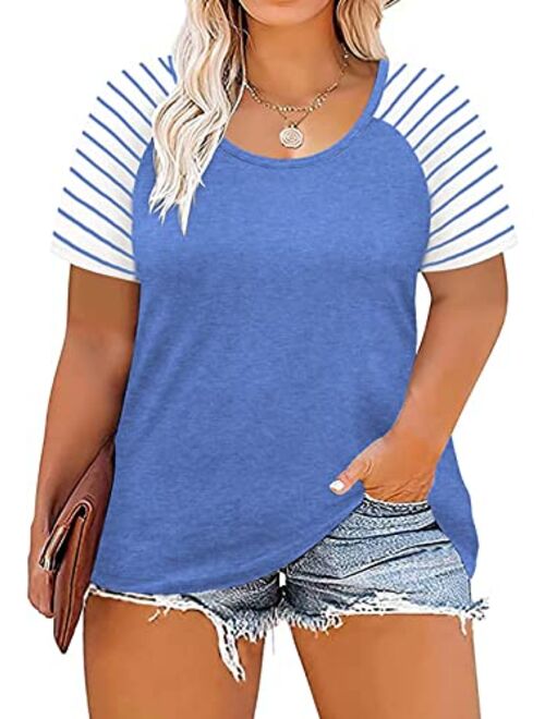 DOLNINE Women's Plus Size Tops Striped Raglan Tee Shirts Casual Tunics Blouses