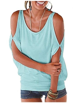 Miselon Women Cold Shoulder O-Neck Short Sleeve Loose Fit Summer Shirt Blouse Tops