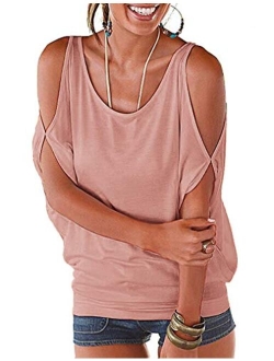 Miselon Women Cold Shoulder O-Neck Short Sleeve Loose Fit Summer Shirt Blouse Tops