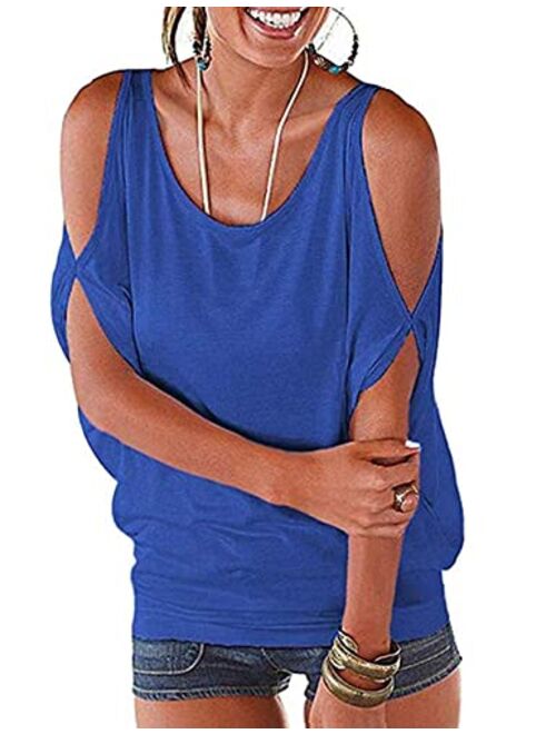 Miselon Women Cold Shoulder O-Neck Short Sleeve Loose Fit Summer Shirt Blouse Tops