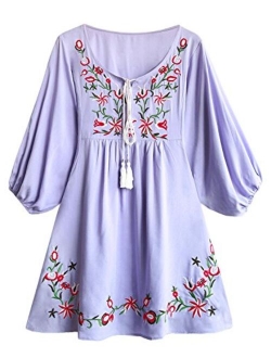 futurino Women's Bohemian Embroidery Floral Tunic Shift Blouse Flowy Mini Dress