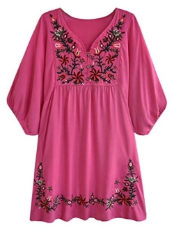 futurino Women's Bohemian Embroidery Floral Tunic Shift Blouse Flowy Mini Dress