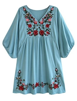 futurino Women's Bohemian Embroidery Floral Tunic Shift Blouse Flowy Mini Dress