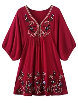 futurino Women's Bohemian Embroidery Floral Tunic Shift Blouse Flowy Mini Dress