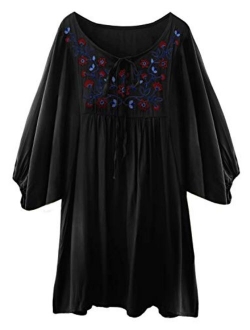 futurino Women's Bohemian Embroidery Floral Tunic Shift Blouse Flowy Mini Dress