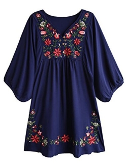 futurino Women's Bohemian Embroidery Floral Tunic Shift Blouse Flowy Mini Dress