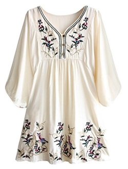 futurino Women's Bohemian Embroidery Floral Tunic Shift Blouse Flowy Mini Dress