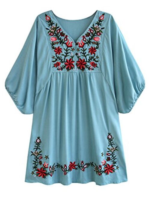 futurino Women's Bohemian Embroidery Floral Tunic Shift Blouse Flowy Mini Dress