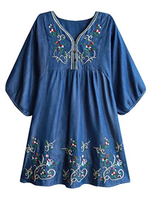 futurino Women's Bohemian Embroidery Floral Tunic Shift Blouse Flowy Mini Dress