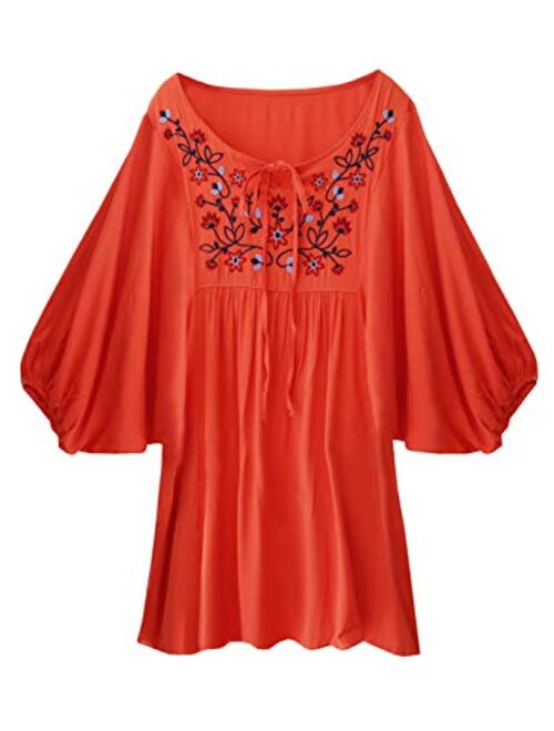 futurino Women's Bohemian Embroidery Floral Tunic Shift Blouse Flowy Mini Dress