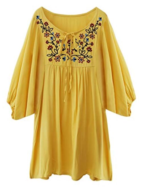 futurino Women's Bohemian Embroidery Floral Tunic Shift Blouse Flowy Mini Dress