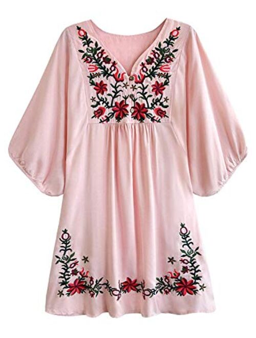 futurino Women's Bohemian Embroidery Floral Tunic Shift Blouse Flowy Mini Dress