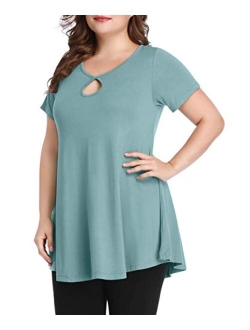 MONNURO Womens Short Sleeve Sexy Keyhole Summer Swing Tunic Tops Plus Size Casual Loose Shirts Blouses