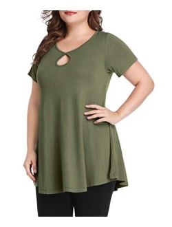 MONNURO Womens Short Sleeve Sexy Keyhole Summer Swing Tunic Tops Plus Size Casual Loose Shirts Blouses