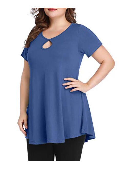 MONNURO Womens Short Sleeve Sexy Keyhole Summer Swing Tunic Tops Plus Size Casual Loose Shirts Blouses