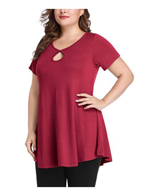 MONNURO Womens Short Sleeve Sexy Keyhole Summer Swing Tunic Tops Plus Size Casual Loose Shirts Blouses