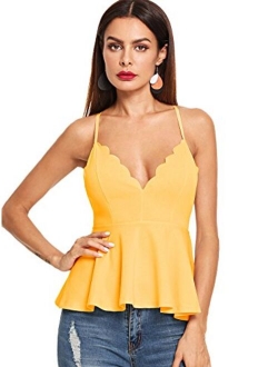 Women's Sexy V Neck Backless Camisole Scalloped Peplum Cami Top