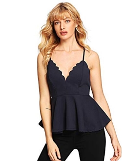 Women's Sexy V Neck Backless Camisole Scalloped Peplum Cami Top