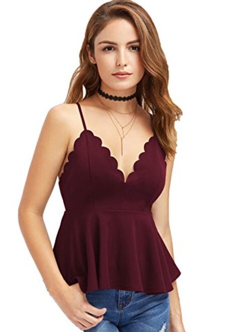 MakeMeChic Women's Sexy V Neck Backless Camisole Scalloped Peplum Cami Top