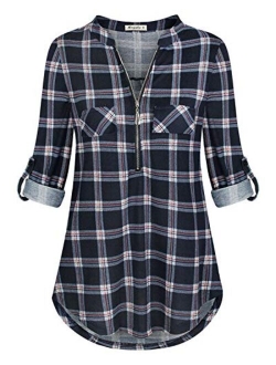 Moyabo Women's 3/4 Cuffed Sleeve Zipped V Neck Plaid Tunic Shirt Blouses